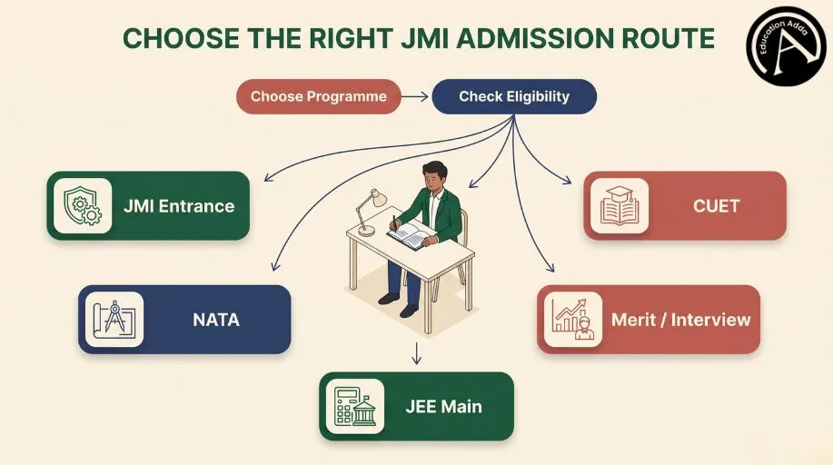 Diagram showing JMI admission routes through the university entrance test, CUET, JEE Main, NATA or merit and interview.